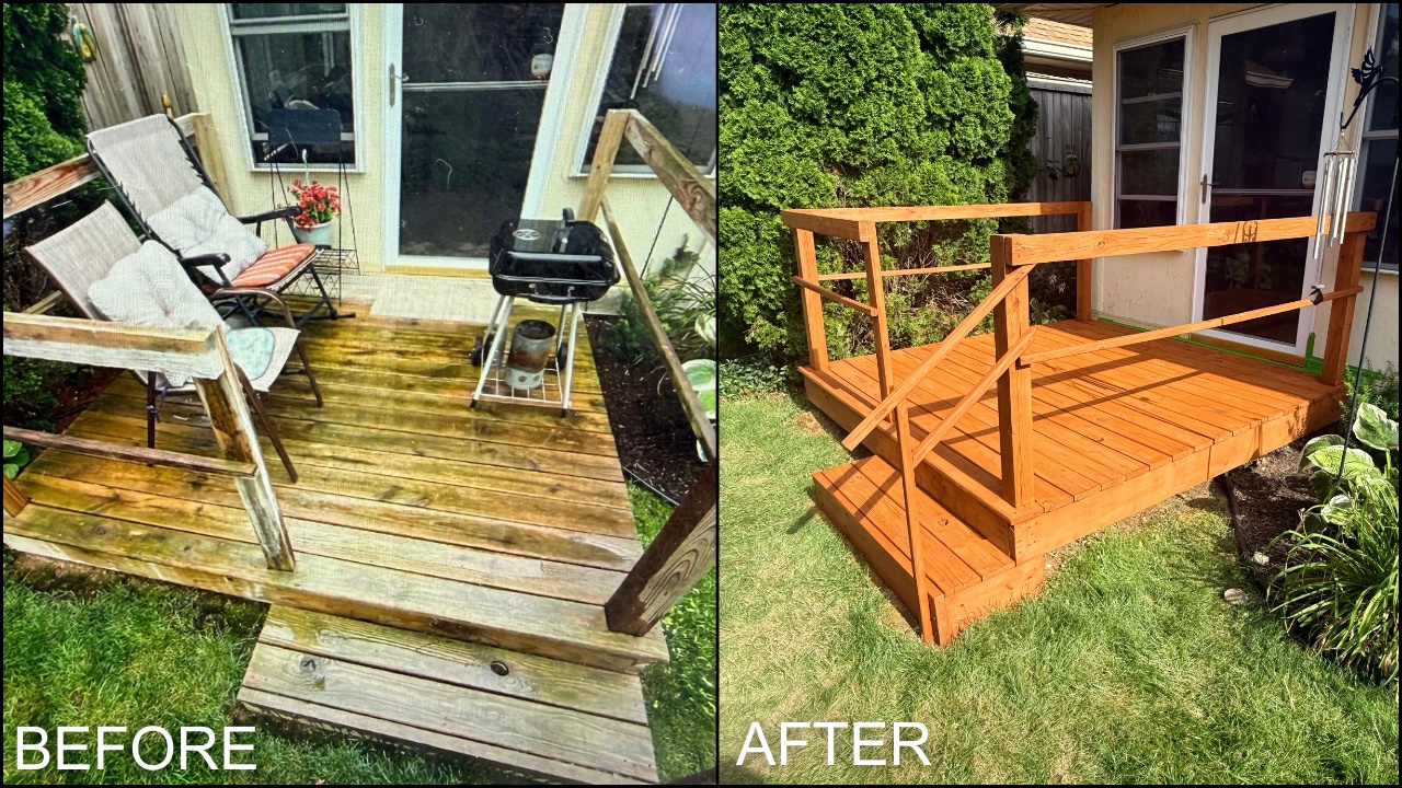 Before and after: a weathered gray wood deck, then the same deck power washed and finished in a warm cedar-tone stain.