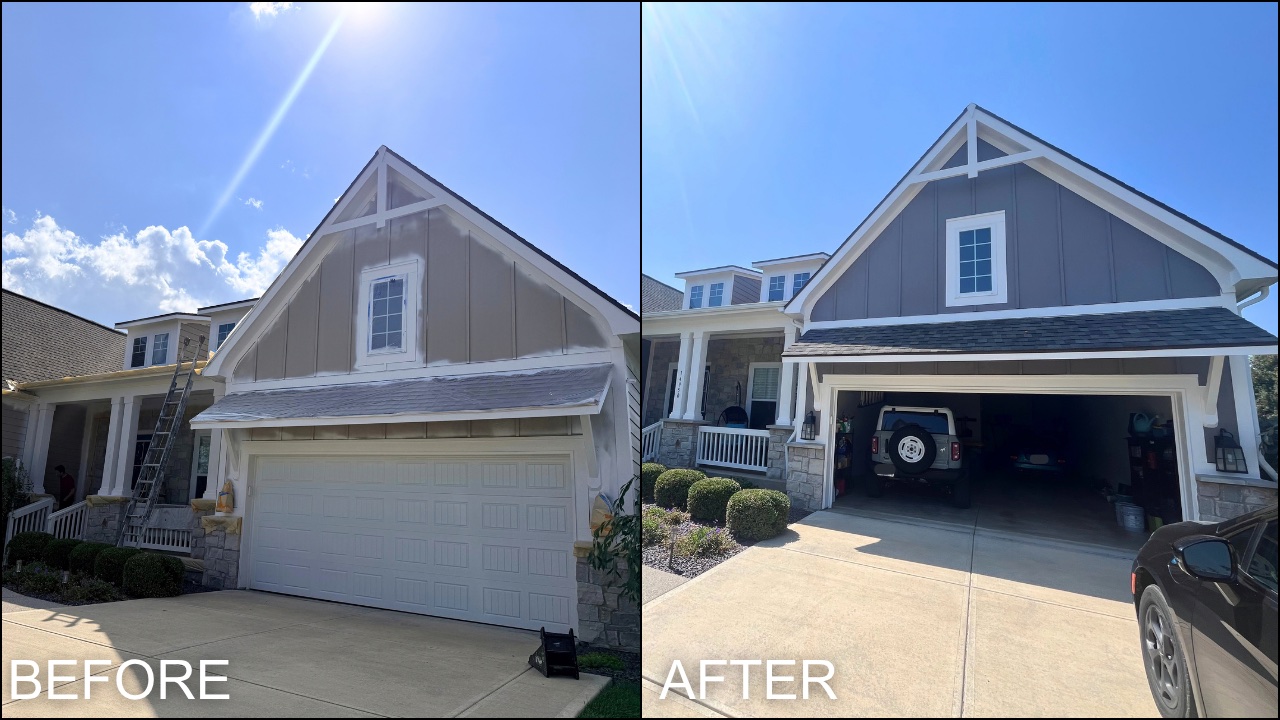 Before and after: a home's gable and garage with mismatched tan siding and trim, then repainted in charcoal-gray siding with crisp white trim.