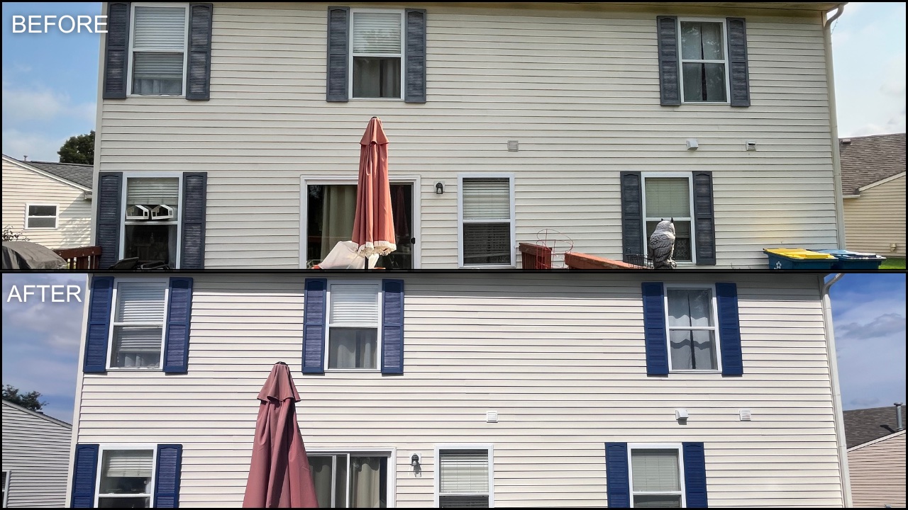 Before and after: the back of a two-story home with faded shutters and dingy siding, then clean siding and freshly painted deep-blue shutters.